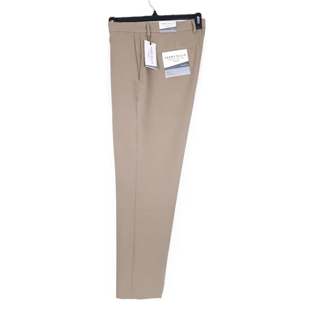 Perry Ellis Mens Modern Fit Dress Pants 30x30 Beige Elmwood Solid Stretch Twill